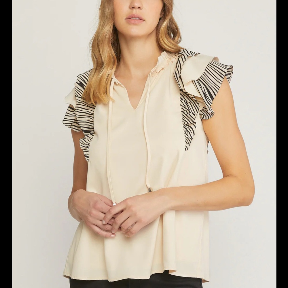Entro Cream and Black Ruffle Sleeve Blouse
